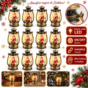 Felinare decorative cu LED de Crăciun, set 12 bucati, din plastic, auriu antic, 13x6 cm