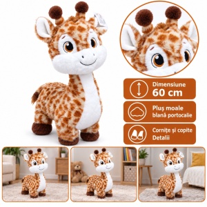Girafă de pluș, blană portocalie cu pete maro, 60 cm