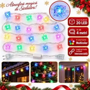 Instalație de Crăciun cu cuburi de gheață LED, multicolor, interconectabilă, 4 m, 20 LED