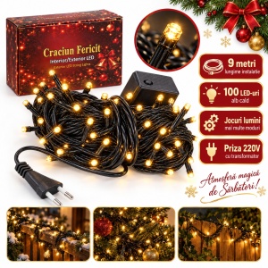 Instalație de Crăciun liniară cu 100 LED-uri alb cald, 9 m, fir negru - Img 2