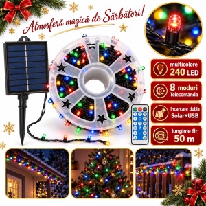 Instalatie de Craciun solara tip rola, 50m, 240 LED multicolor, telecomanda, incarcare USB