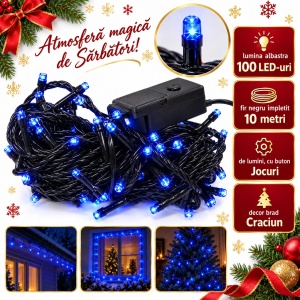 Instalatie LED tip Liniara, 100 LED Albastru, 10 m, Fir Negru