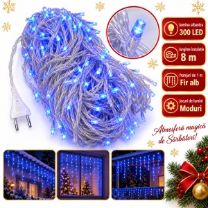 Instalație LED tip ploaie, 300 LED-uri albastre, 8 m, fir alb, multiple jocuri de lumini - Img 2
