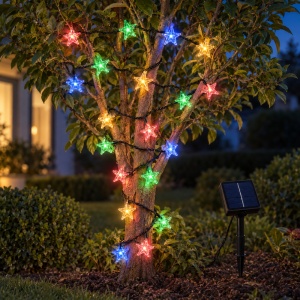 Instalație solară de Crăciun, tip liniar, 20 LED-uri multicolore in forma de stea , 4 m, fir negru - Img 6
