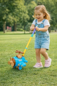 Jucarie de impins avion cu animalut, elice rotativa, multicolor, maner ergonomic - Img 2