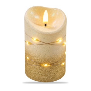 Lumânare decorativă LED cu efect flacără, sclipici auriu, plastic, 15x9 cm - Img 2
