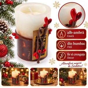 Lumânare parfumată decorativă de Crăciun, din ceară, albă-ambră, cu fitil din bumbac, 8,5 x 5,5 cm