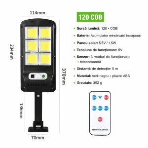 Lumină cu Senzor Solară din Plastic, Negru, rezistentă la apă, încărcare solară, cu telecomandă - Img 2