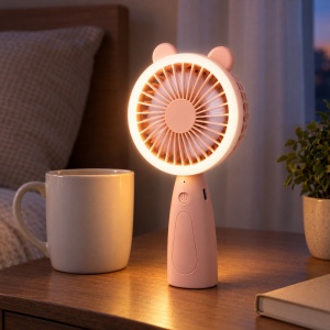 Mini ventilator de mână cu lumină LED, 3 trepte de viteză, reîncărcabil USB, bej - Img 4