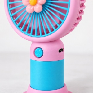 Mini ventilator de mână, reîncărcabil USB-C, 3 trepte de viteză, model floare, roz și turcoaz - Img 8