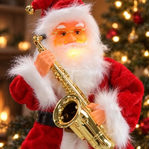 Moș Crăciun decorativ de Crăciun cu saxofon, cântă, dansează, luminează, 93 cm, baterii - Img 5