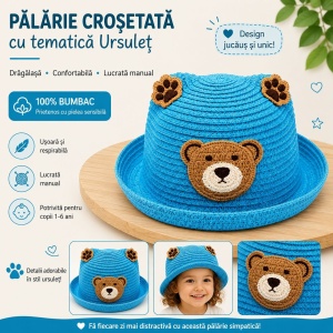 Palarie bleu copii cu ursulet, crosetata manual, bumbac, model vesel - Img 2
