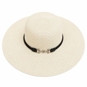 Pălărie Damă Alb Ivory de Vară cu Bor Lat și Curea Decorativă cu Accesoriu Metalic