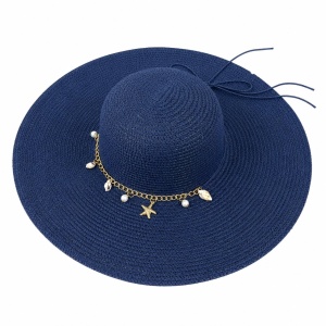Pălărie Damă Bleumarin de Vară cu Bor Lat, Lanț Decorativ și Perle Elegante