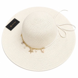 Pălărie Damă de Vară Albă cu Bor Lat, Scoici și Stea de Mare – Reglabilă, Elegantă, Protecție UV