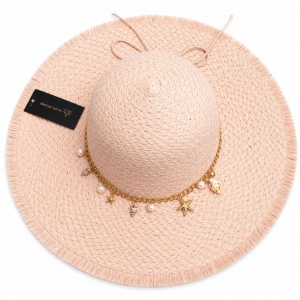 Pălărie Damă Roz Pudrat de Vară cu Bor Lat, Franjuri Decorative și Accesorii Marine