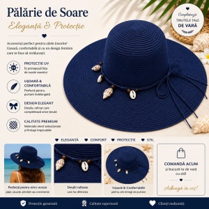 Palarie de Soare pentru Femei, Albastru Inchis, cu Scoici si Fundita, Boruri Largi, Eleganta de Vara - Img 2