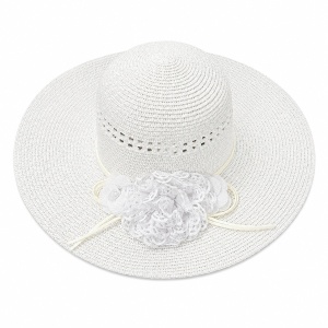 Palarie de vara alba eleganta cu floare decorativa pentru plaja si tinute feminine