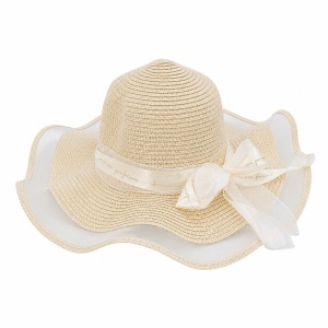 Palarie de Vara Bej pentru Femei, cu Bor Ondulat, Fundita Eleganta si Protectie UV