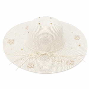 Palarie de vara dama alba cu flori decorative si perlute elegante pentru plaja si vacanta