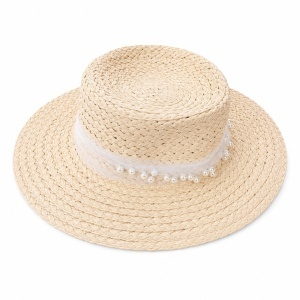 Palarie de Vara Eleganta pentru Femei, Bej cu Perle Decorative si Design Rafinat
