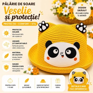 Palarie de Vara Galben Mustar cu Panda pentru Copii, Protectie UV si Design Vesel - Img 2