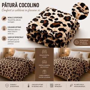 Patura Cocolino Pufoasa Animal Print Leopard, Crem/Maro/Negru, 200x220 cm - Img 2