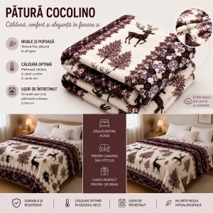 Patura Cocolino Pufoasa cu Model Cerbi si Flori, 200x220 cm, Crem cu Maro - Img 2