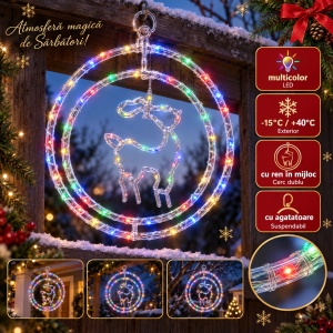 Ren luminos decoratiune Craciun, LED multicolor, cerc dublu, exterior, 34x33cm - Img 3