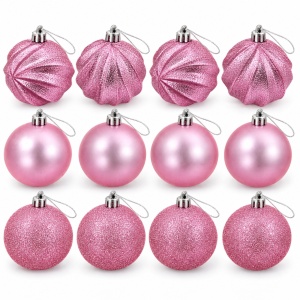Set 12 globuri de brad roz, modele asortate, cu sclipici, 17 × 12 cm - Img 5