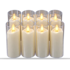 Set 12 lumanari LED decorative in tub plastic transparent, efect flacara, 10,5x5,5cm