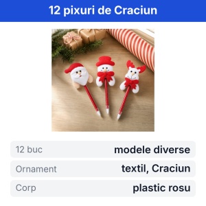 Set 12 pixuri Craciun, cu ornament textil, corp rosu metalizat, 24cm - Img 2
