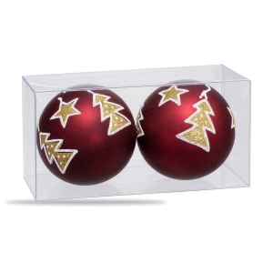 Set 2 Globuri de Crăciun, Vișiniu Mat, cu Brăduți și Steluțe Aurii cu Sclipici, 20x10cm