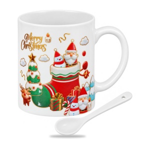 Set cană ceramică cu lingurița, model Moș Crăciun, decor Merry Christmas, 14x14 cm
