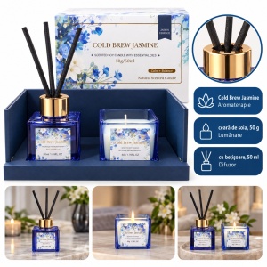 Set cu lumânare din soia și difuzor cu bețișoare, aroma iasomie, cutie albastra