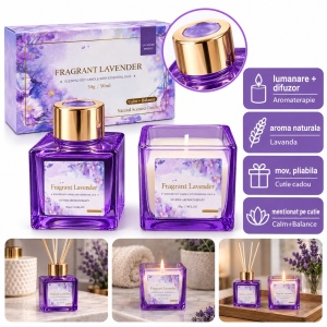 Set cu lumânare din soia și difuzor cu bețișoare, parfum lavanda, cutie mov
