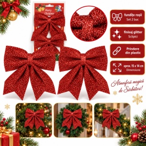 Set de 2 buc Cu Cu Fundițe decorative de Crăciun cu sclipici, roșu, 28x20 cm