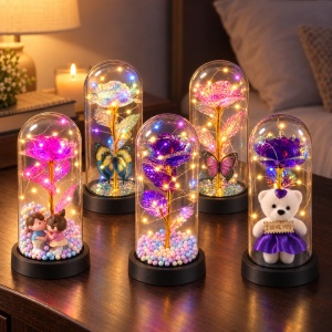 Set de 5 Cupole cu trandafir artificial și lumini LED, modele aleatorii , din plastic - Img 4