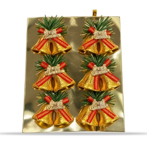 Set de 6 bucăți clopoței dubli de Crăciun aurii, fundiță roșie, ambalaj 20x15 cm - Img 2