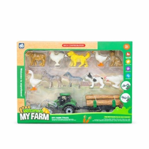 Set ferma pentru copii cu tractor, remorca si 10 animale domestice