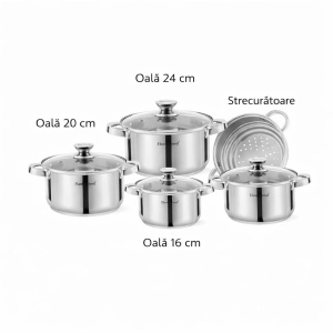 Set oale din oțel inoxidabil cu capace din sticlă și strecurătoare, 9 piese, Argintiu - Img 2