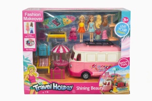 Set papusi cu rulota van de vacanta si accesorii plaja, surf si schimb haine, roz 34x24 cm - Img 2