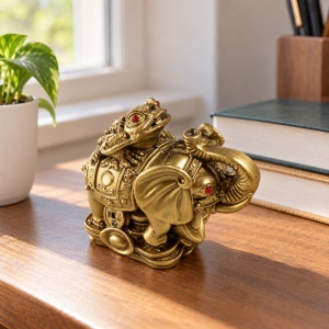 Statuetă Feng Shui elefant cu broască, monede și lingouri, rășină aurie, aprox. 11 × 9,5 × 7 cm - Img 3