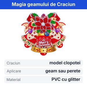 Sticker decorativ de Craciun cu clopotei, pentru geam sau perete, PVC cu glitter, 44x40 - Img 2