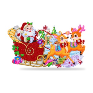 Sticker decorativ de Craciun cu sania lui Mos Craciun, pentru geam sau perete, 75x42 cm