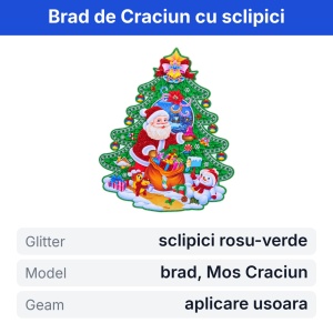 Sticker decorativ de Craciun pentru geam, model brad cu Mos Craciun si glitter , 30x22cm - Img 2