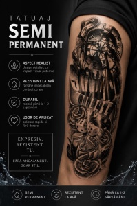 Tatuaj Semipermanent Full Arm cu Ceas, Zaruri și Trandafiri – 45 cm - Img 2