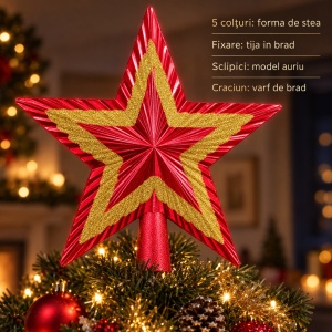 Vârf de brad stea decorativă, roşu cu auriu, plastic cu sclipici, tijă de fixare, 20x20cm - Img 2