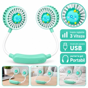 Ventilator de gât portabil cu 3 trepte de viteză, USB, model dinozaur, verde mentă - Img 2