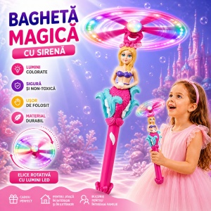 Baghetă magică cu lumini și sirenă, roz închis, 38 cm – jucărie copii cu elice rotativă
